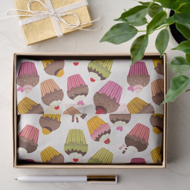 Papier Mousseline Motif de gâteau, Motif de muffin, Chocolat, Coeurs (Cadeau)