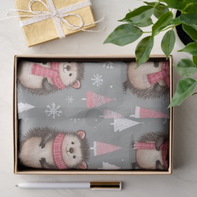 Papier Mousseline Motif de hérisson mignon rose gris Noël  (Cadeau)