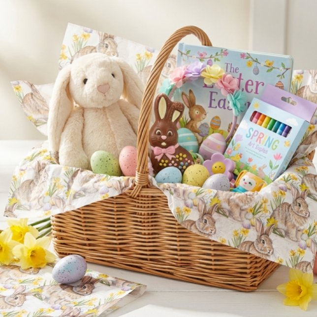 Papier Mousseline Motif de lapin de Pâques  (Line your Easter baskets with Rabbit and daffodil pattern tissue paper. )
