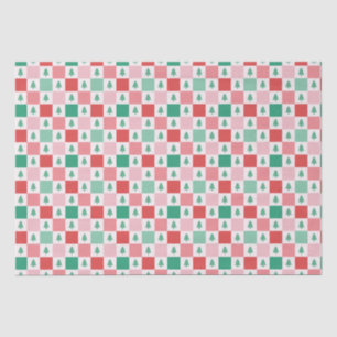 Papier Mousseline Motif de Noël Retro Checkers - Rouge Rose Vert