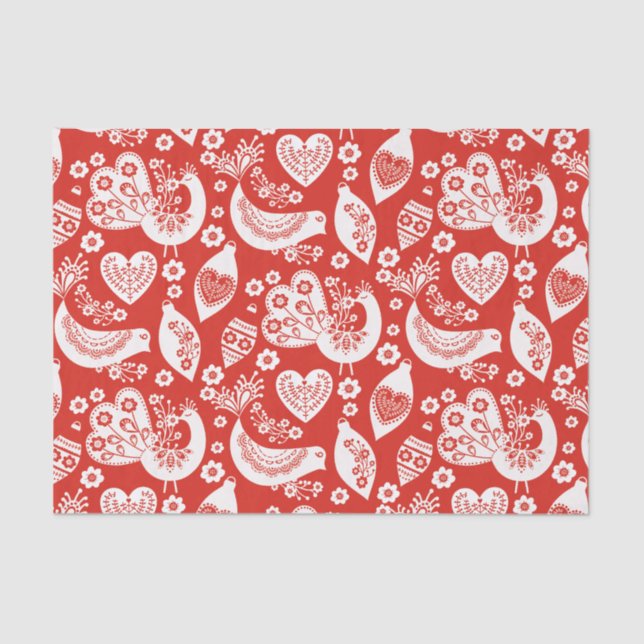 Papier Mousseline Motif de Noël scandinave rouge avec oiseaux (Recto)