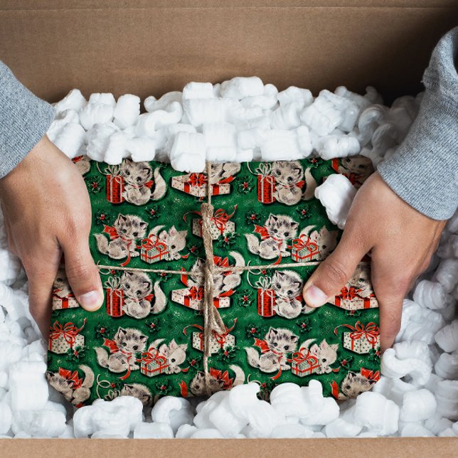Papier Mousseline motif de Noël Vintage Vert des années 50 avec chat (Créateur téléchargé)