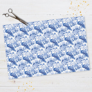 Papier Mousseline Motif de paons floraux bleu blanc en chinoiserie