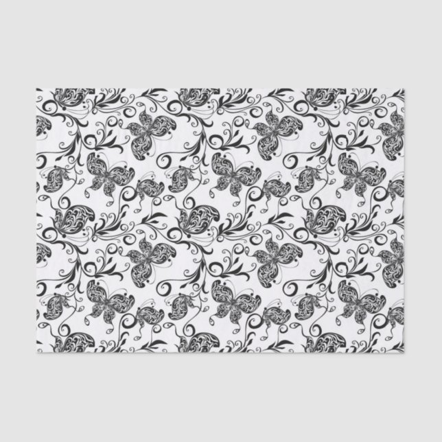 Papier Mousseline Motif de papillons et fleurs noirs et blancs (Recto)