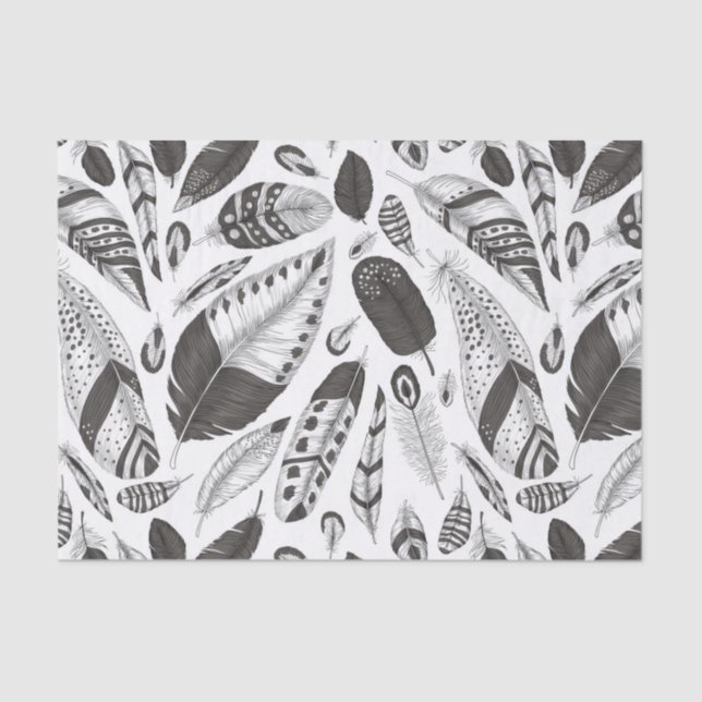 Papier Mousseline Motif de plumes noir et blanc (Recto)