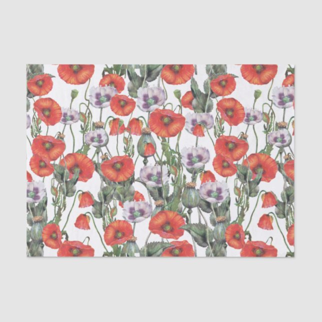 Papier Mousseline Motif de Poppies rouges et violettes (Recto)