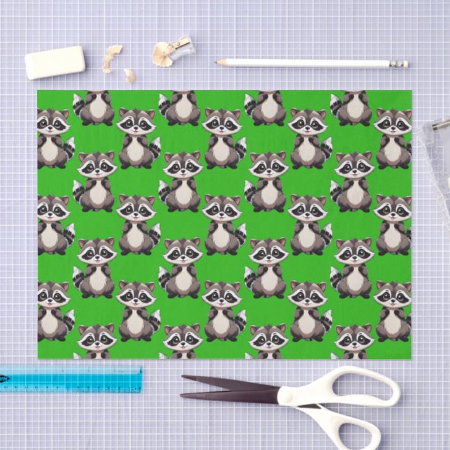 Papier Mousseline Motif de Raton Laveur Vert  (Artisanat)