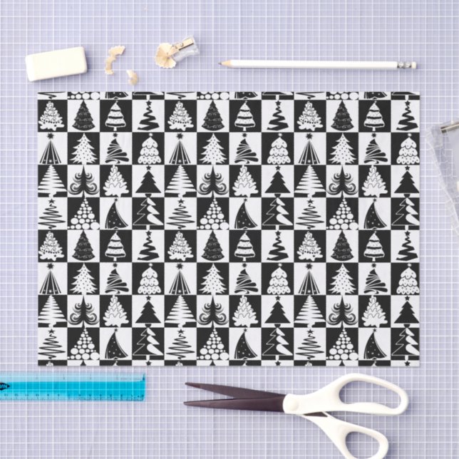 Papier Mousseline Motif De Vacances Arbre De Noël Noir Et Blanc (Artisanat)