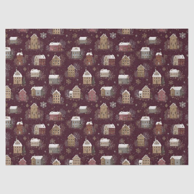 Papier Mousseline Motif de village d'hiver enneigé cosy (2) (Recto)