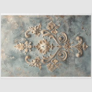 Papier Mousseline Motif Demask doré et bleu baroque effet gaufré 