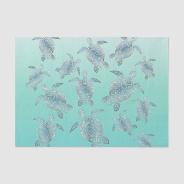 Papier Mousseline Motif des tortues de mer turquoise argentée (Recto)