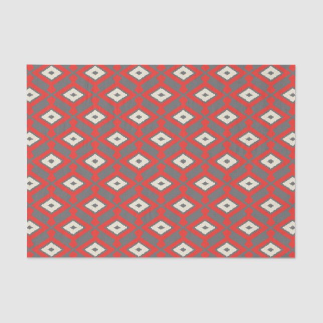 Papier Mousseline Motif d'Ikat - rouge, gris et beige (Recto)