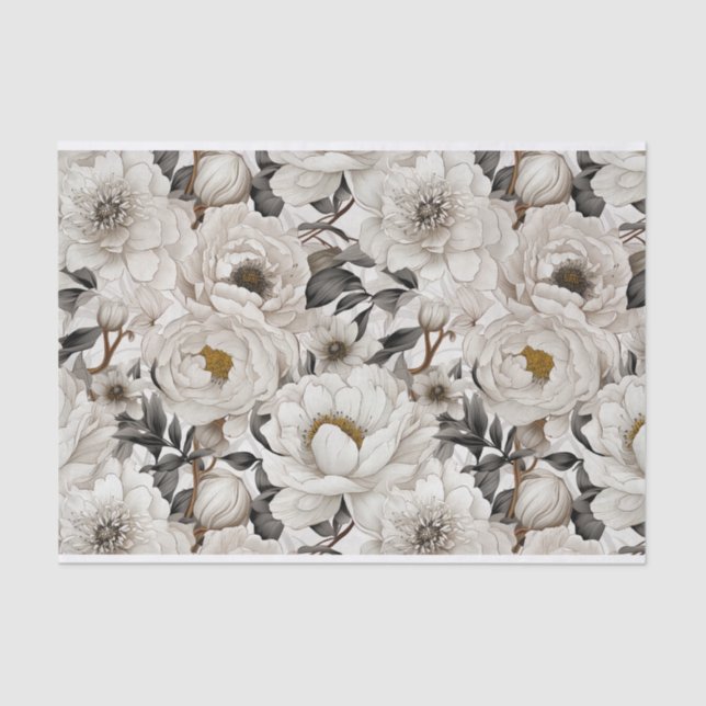 Papier Mousseline Motif d'illustration de magnifiques pivoines blanc (Recto)