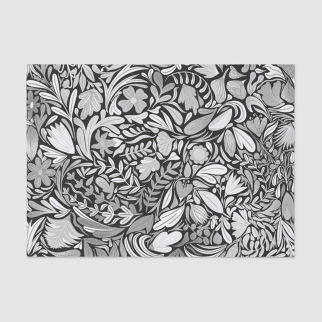 Papier Mousseline Motif d'illustration Feuilles floraux noirs argent (Recto)