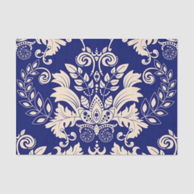 Papier Mousseline Motif d'impression Damas bleu et blanc (Recto)