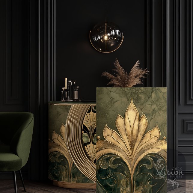 Papier Mousseline Motif doré Art Déco vert olive (Art Deco Gold Embossed Motif 1920's Art Nouveau, Green Decoupage Tissue)