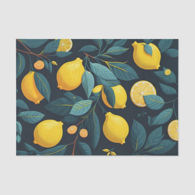 Papier Mousseline Motif du jardin de citron. Agrumes tropicaux jaune (Recto)