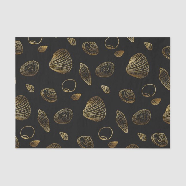Papier Mousseline Motif élégant Black Gold Seashells (Recto)