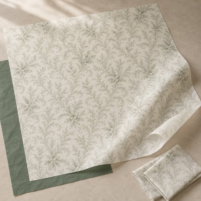 Papier Mousseline Motif Élégant de Feuillage Vert de Noël  (Elegant green Christmas tissue paper with delicate foliage and timeless holiday charm.)