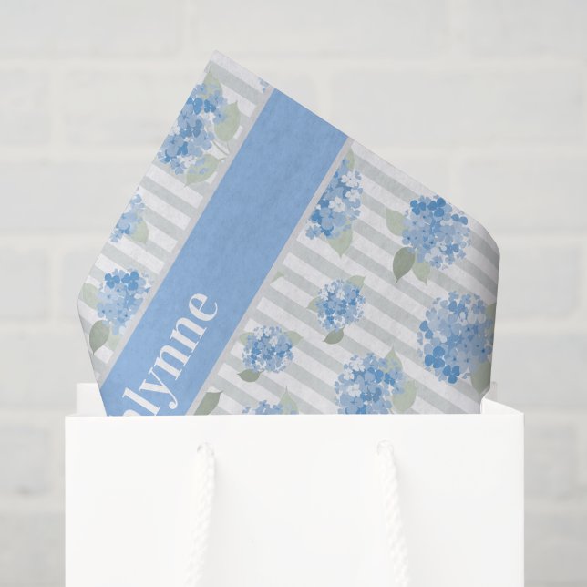 Papier Mousseline Motif Élégant d'Hydrangea Bleue Rayure Grise Nom (Sac cadeau)