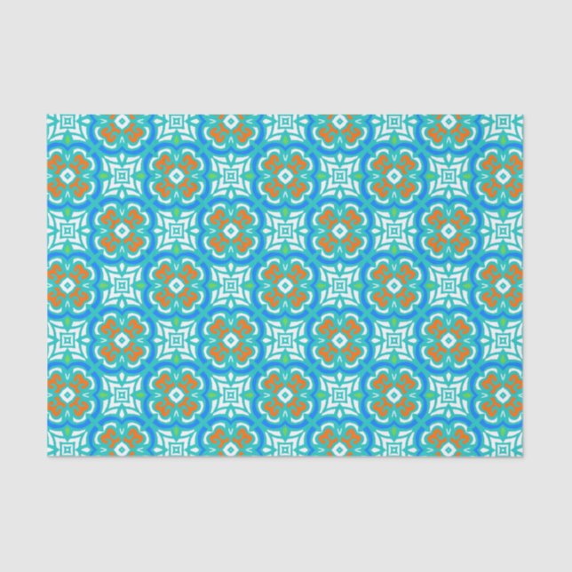 Papier Mousseline Motif ethnique Turquoise (Recto)