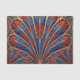 Papier Mousseline Motif éventail paon orné rouge bleu or royal