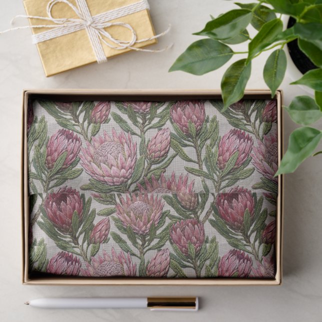 Papier Mousseline Motif floral brodé de protée rose (Cadeau)