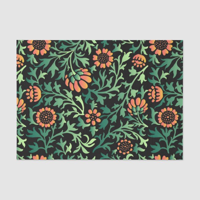Papier Mousseline Motif floral complexe avec feuilles vertes (Recto)