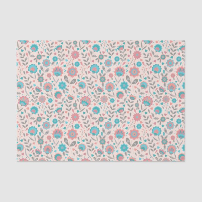 Papier Mousseline Motif floral d'art populaire turquoise et de (Recto)