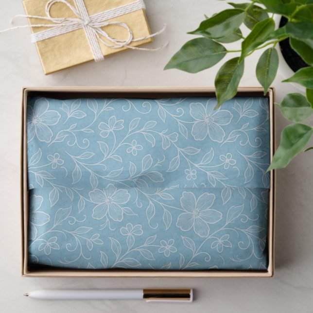 Papier Mousseline Motif Floral Feuille Classé Sur Azure Blue (Cadeau)