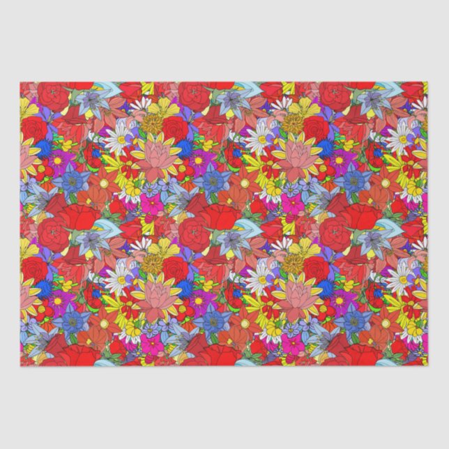 Papier Mousseline Motif floral jaune bleu pourpre vert rouge (Recto)