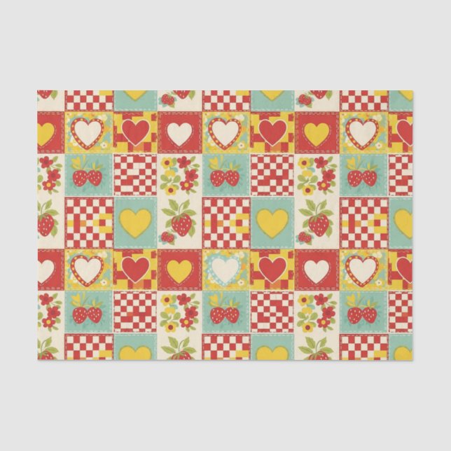 Papier Mousseline Motif floral patchwork rétro à la fraise (Recto)