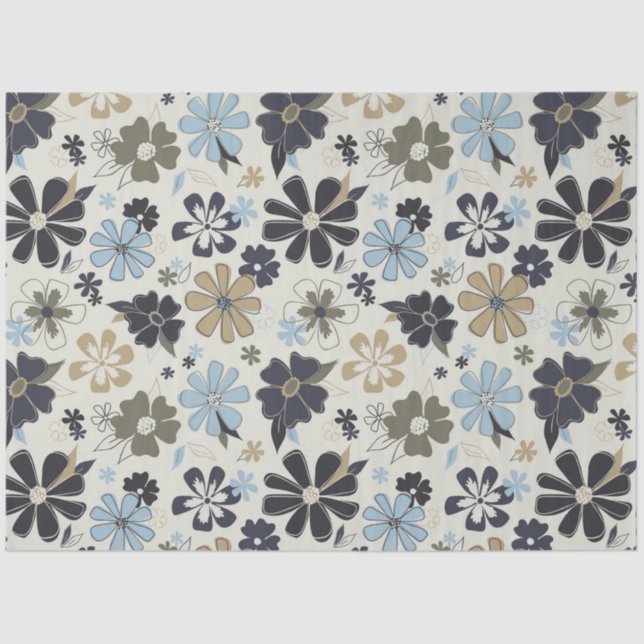 Papier Mousseline Motif Floral Rétro Bleu Tan (Recto)