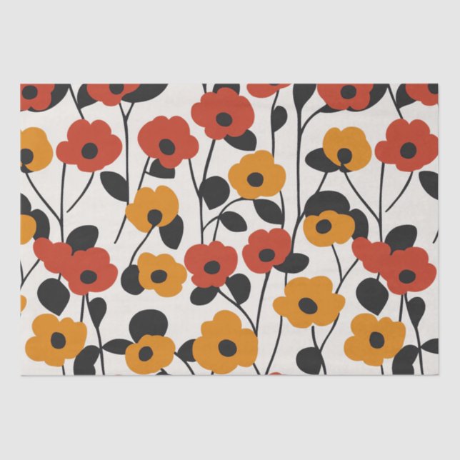Papier Mousseline Motif floral rétro en gras rouge, orange et noir (Recto)