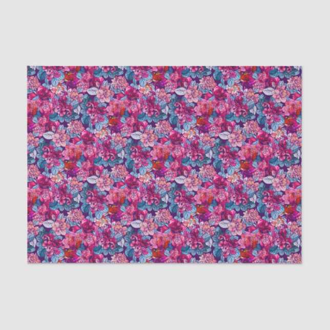 Papier Mousseline Motif floral rose violet bleu (Recto)