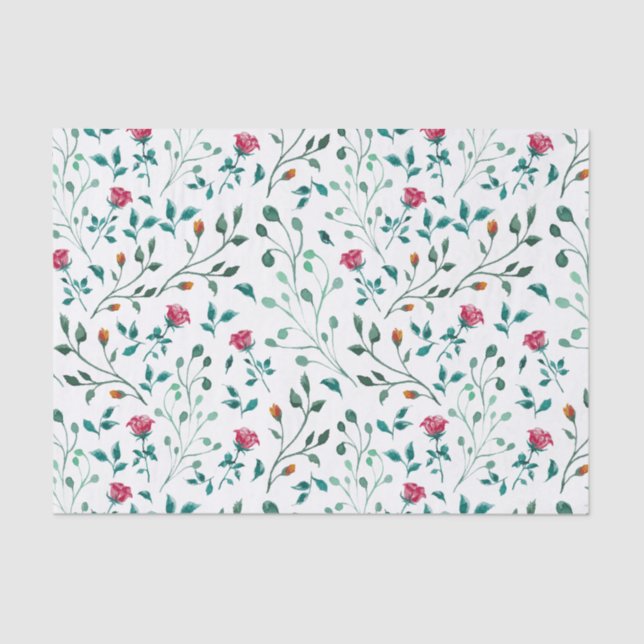 Papier Mousseline Motif Floral Rustique & Foliage Vert (Recto)