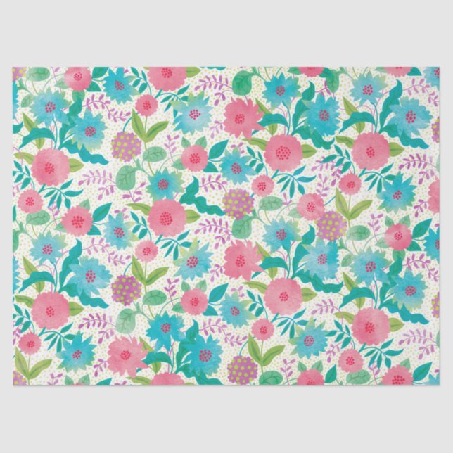 Papier Mousseline Motif floral turquoise Coral Pink (Recto)