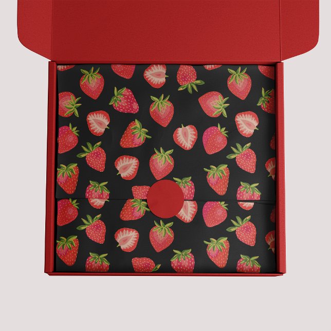 Papier Mousseline Motif Fraise (Strawberry pattern black tissue paper)