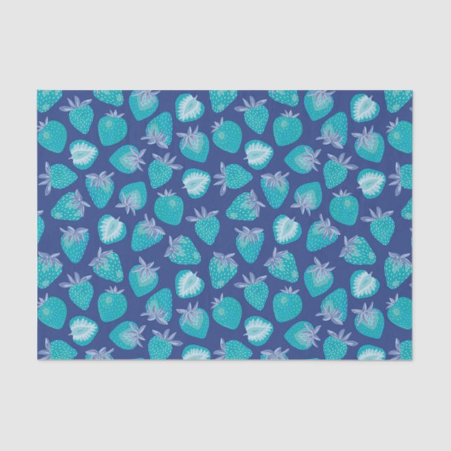 Papier Mousseline Motif Fraise Bleue (Recto)