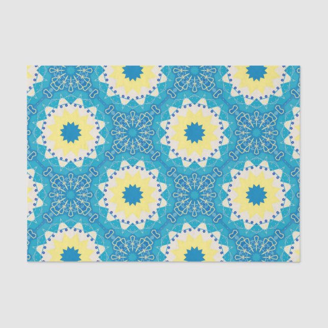 Papier Mousseline Motif géométrique tendance bleu et jaune ornementa (Recto)