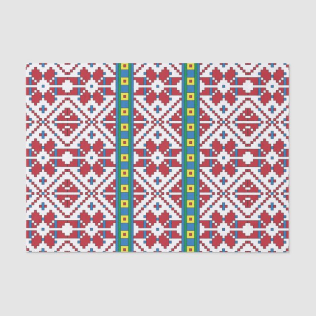 Papier Mousseline Motif géométrique tribal rouge, bleu et blanc étoi (Recto)