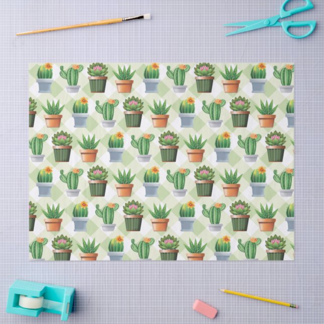 Papier Mousseline Motif Green En vichy Cactus (Artisanat)
