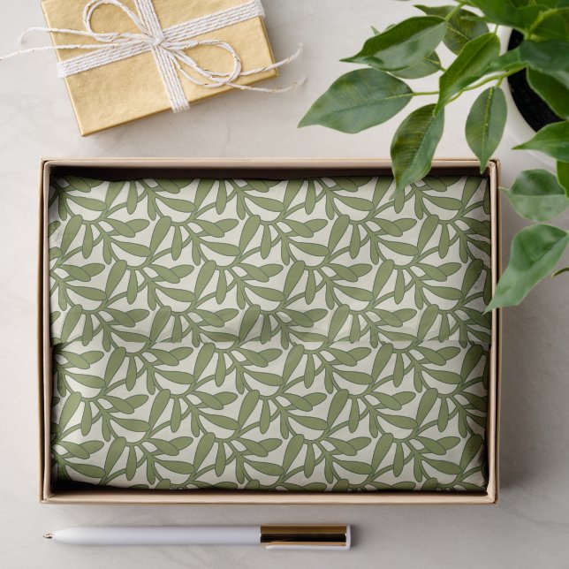 Papier Mousseline Motif Gui de Fêtes, Vert et Crème  (Cadeau)