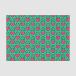 Papier Mousseline Motif Jacquard Hot Rose et Green Hearts