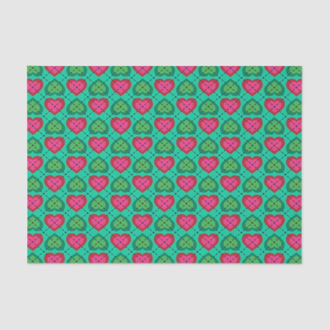 Papier Mousseline Motif Jacquard Hot Rose et Green Hearts (Recto)