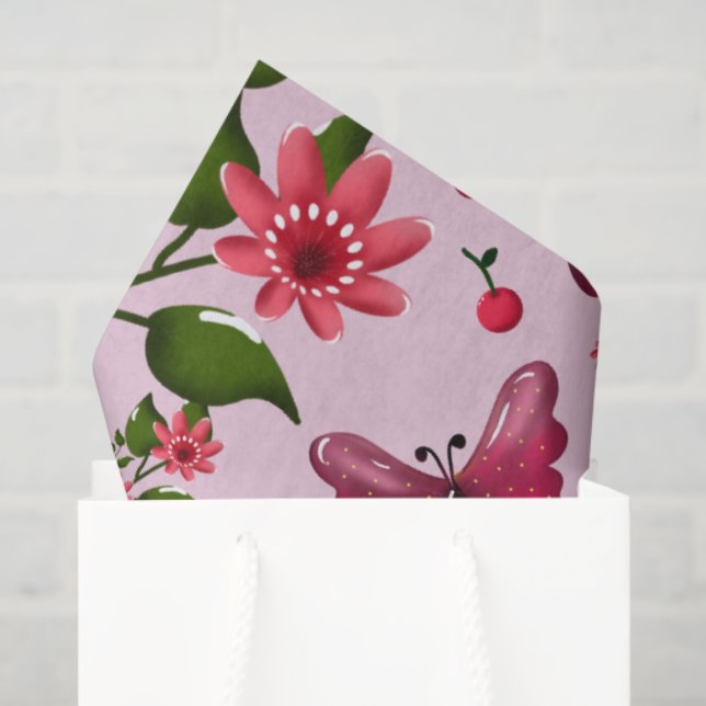 Papier Mousseline Motif joli papillon Cerise, Fruit Kawaii brillant (Sac cadeau)