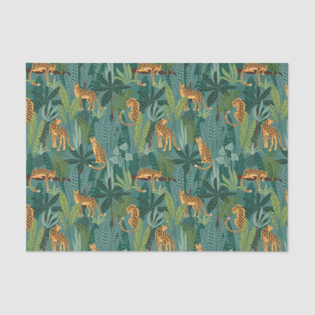 Papier Mousseline Motif jungle léopard Fond vert (Recto)