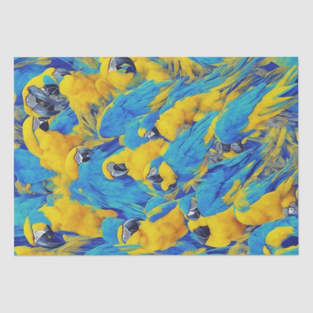 Papier Mousseline Motif Macaws bleu et or (Recto)