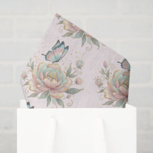 Papier Mousseline Motif Magique de Rose et Papillon Couleurs Pastel