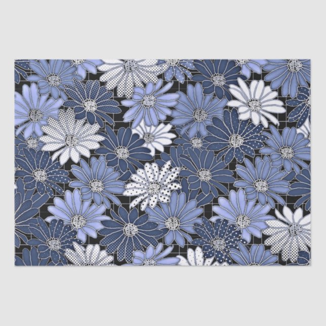 Papier Mousseline Motif marguerite bleu et blanc (Recto)